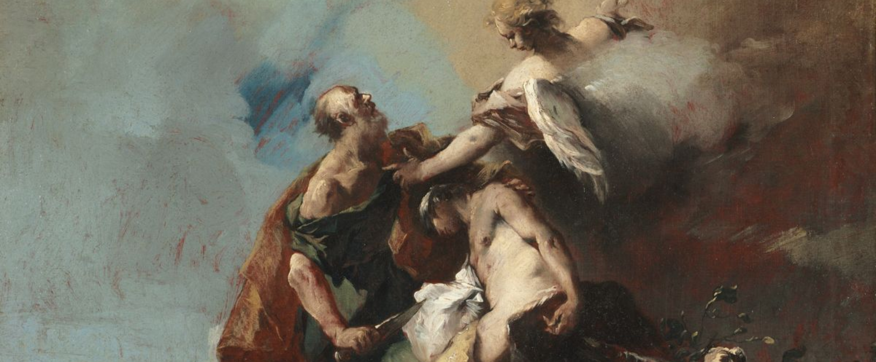 Ein altes Gemälde auf dem ein Engel zu sehen ist, der Abraham davon abhält Isaak zu töten. 